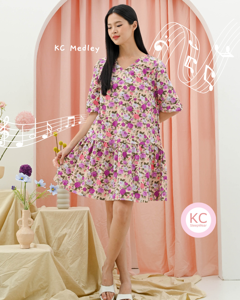 KC Medley in Flower Symphony Dress Wanita Daster Homedress Lengan 3/4