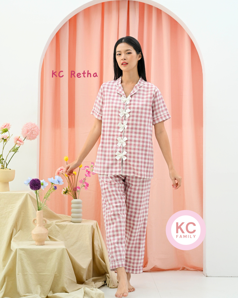 KC Retha in Ros Gingham Baju Tidur Wanita Lengan Pendek Celana Pendek