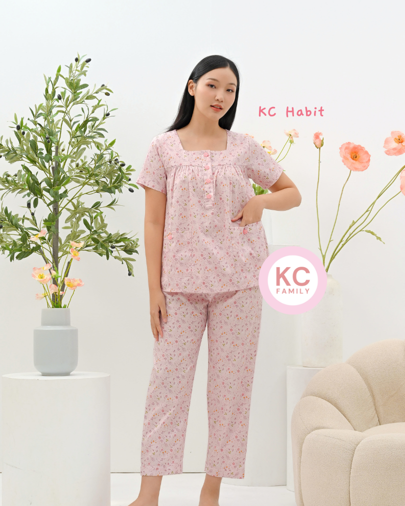 KC Habit in Floral Doodle Piyama Wanita Lengan Pendek Celana Panjang