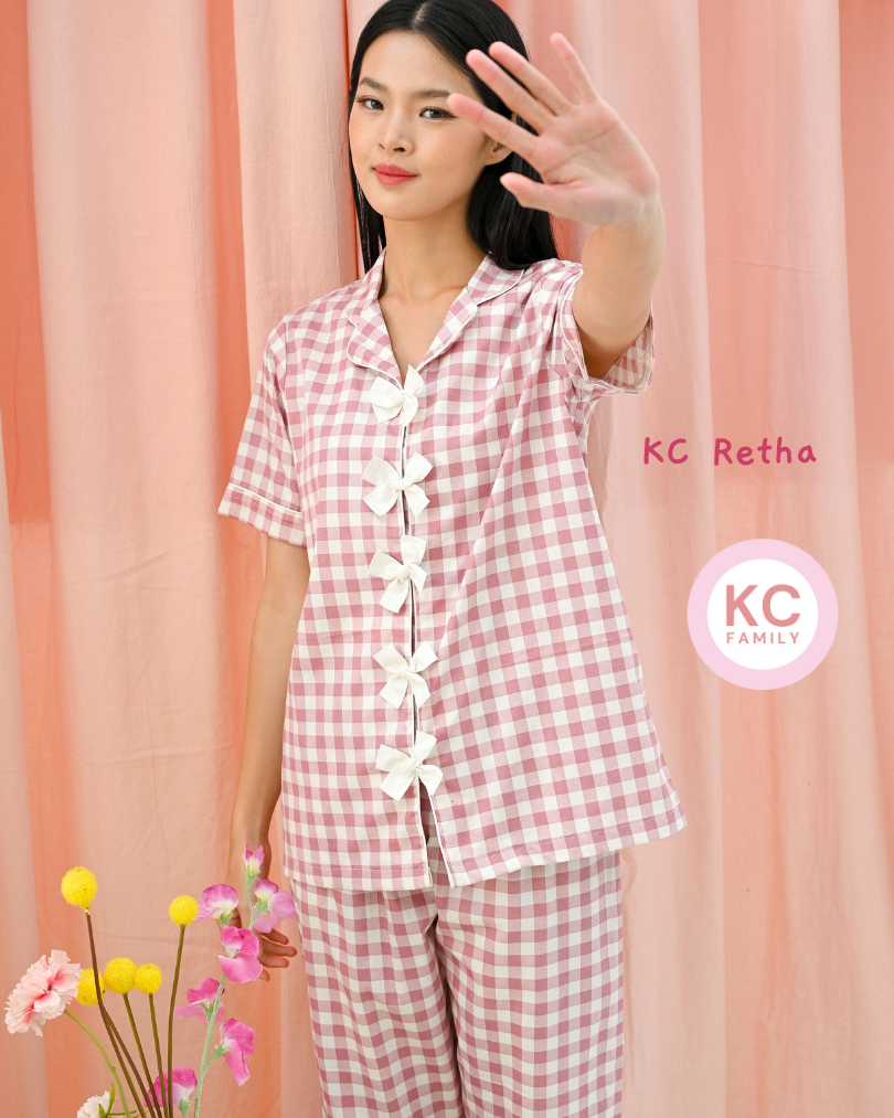 KC Retha in Ros Gingham Baju Tidur Wanita Lengan Pendek Celana Pendek