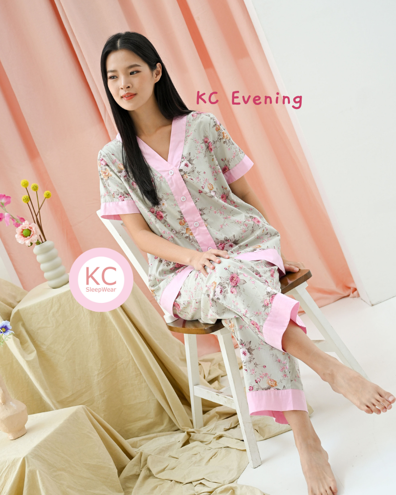 KC Evening in Mint Rose Piyama Wanita Baju Tidur Lengan Pendek Celana Panjang