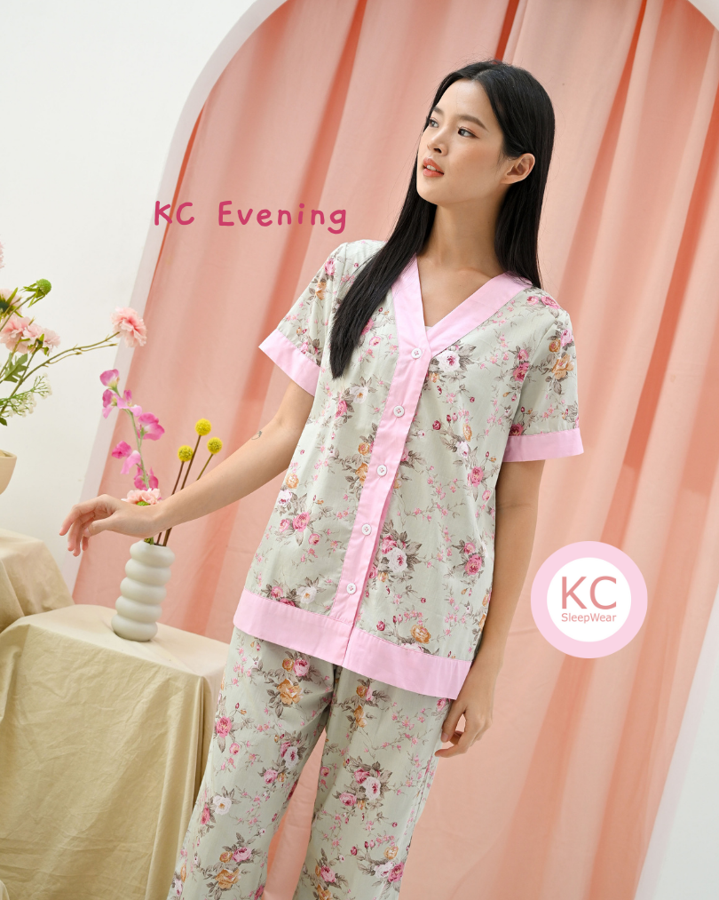 KC Evening in Mint Rose Piyama Wanita Baju Tidur Lengan Pendek Celana Panjang