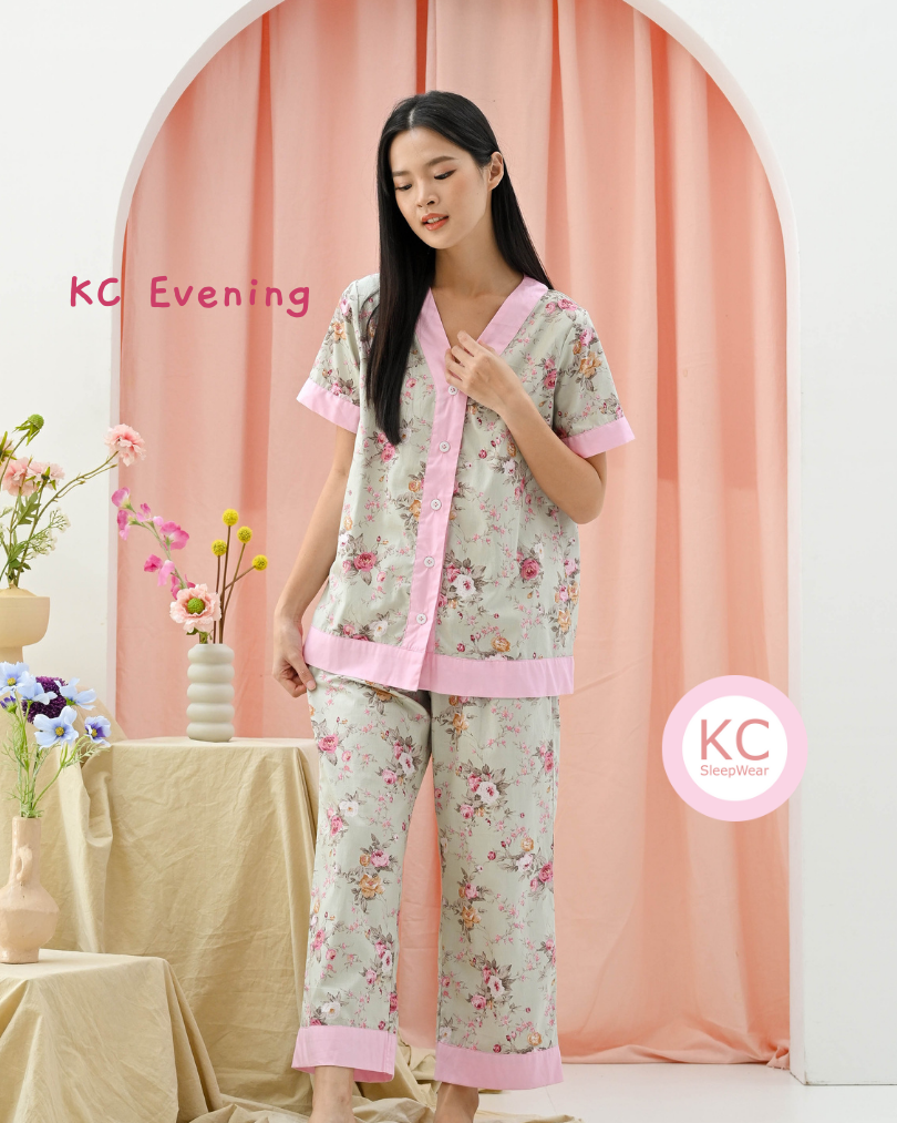 KC Evening in Mint Rose Piyama Wanita Baju Tidur Lengan Pendek Celana Panjang