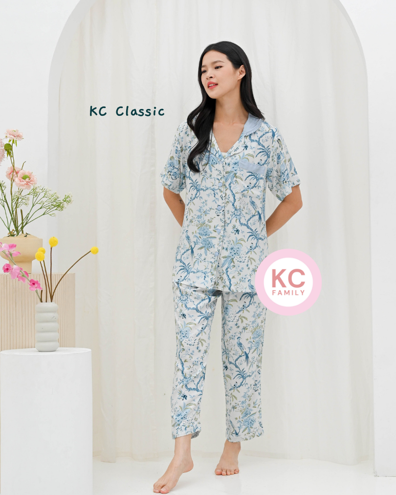 KC Classic Ruffle in Exotic Blue Piyama Wanita Baju Tidur Lengan Pendek Celana Panjang