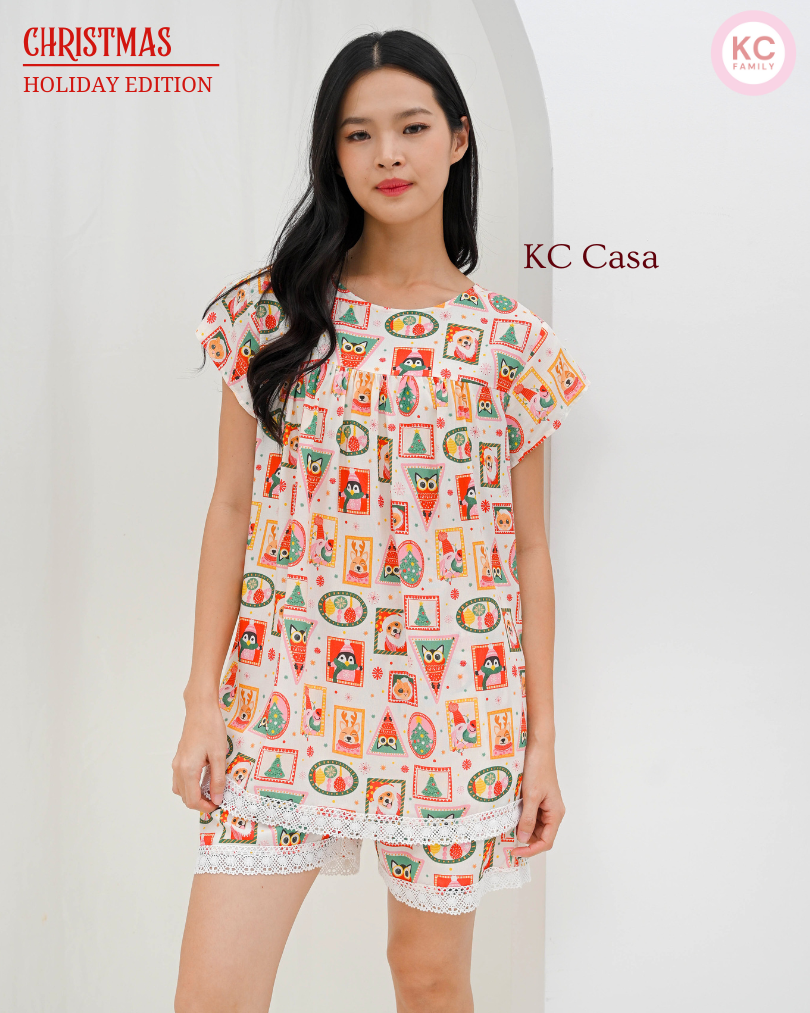 KC Casa In Holiday Stamp Piyama Wanita Baju Tidur Lengan Pendek Celana Pendek