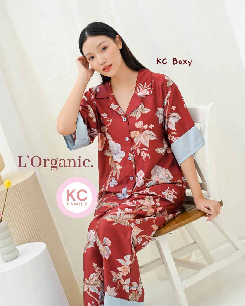 KC Boxy in Maroon Chrysant Piyama Wanita / Baju Tidur Celana Panjang Lengan Sesiku