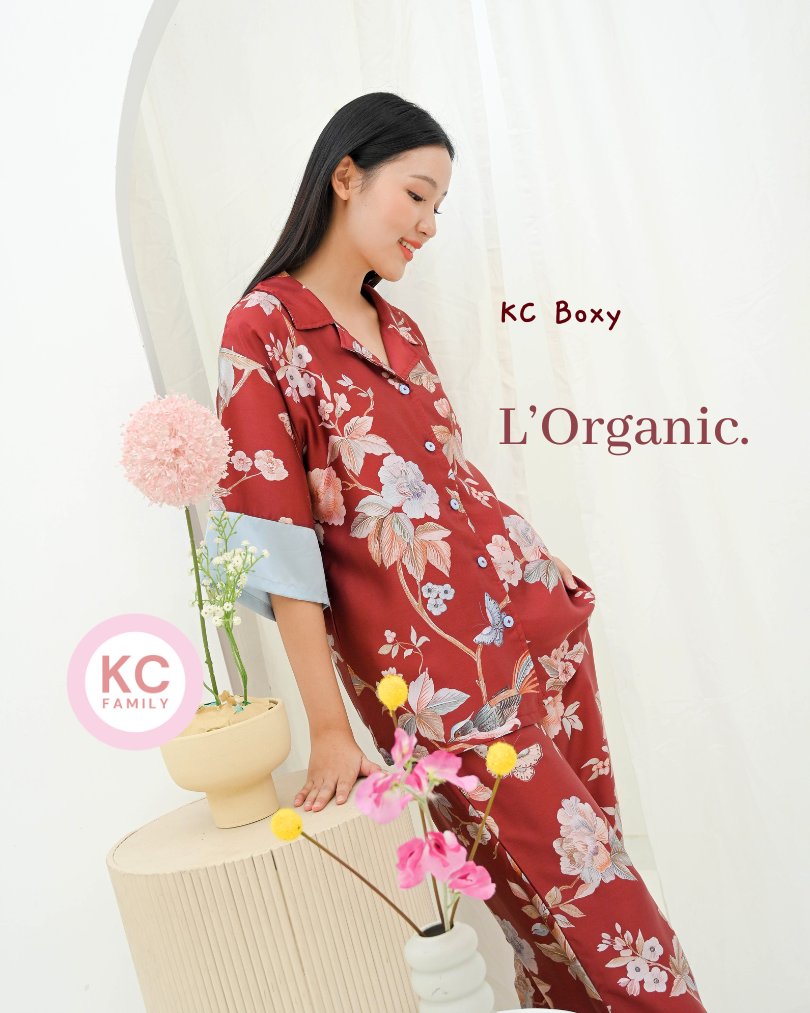 KC Boxy in Maroon Chrysant Piyama Wanita / Baju Tidur Celana Panjang Lengan Sesiku