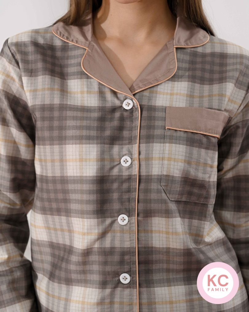 Classic Pajama in Latte Plaid Piyama Wanita Baju Tidur Lengan Panjang Celana Panjang