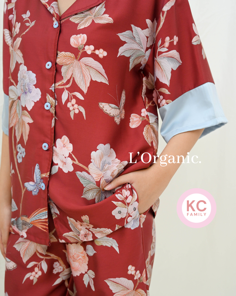 KC Boxy in Maroon Chrysant Piyama Wanita / Baju Tidur Celana Panjang Lengan Sesiku