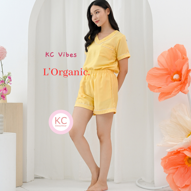 KC Vibes In Yellow Lemon Luxury Organic Piyama Wanita Lengan Pendek Celana Pendek