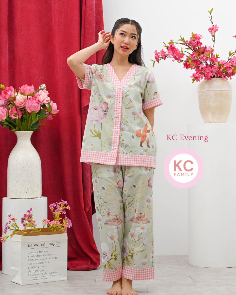 KC Evening in Forest Bunny Piyama Wanita Baju Tidur Lengan Pendek Celana Panjang