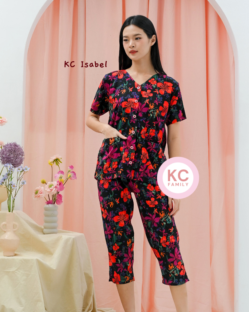 KC Isabel in Tropical Noir Piyama Baju Tidur Wanita Kerah V neck Celana 7/8