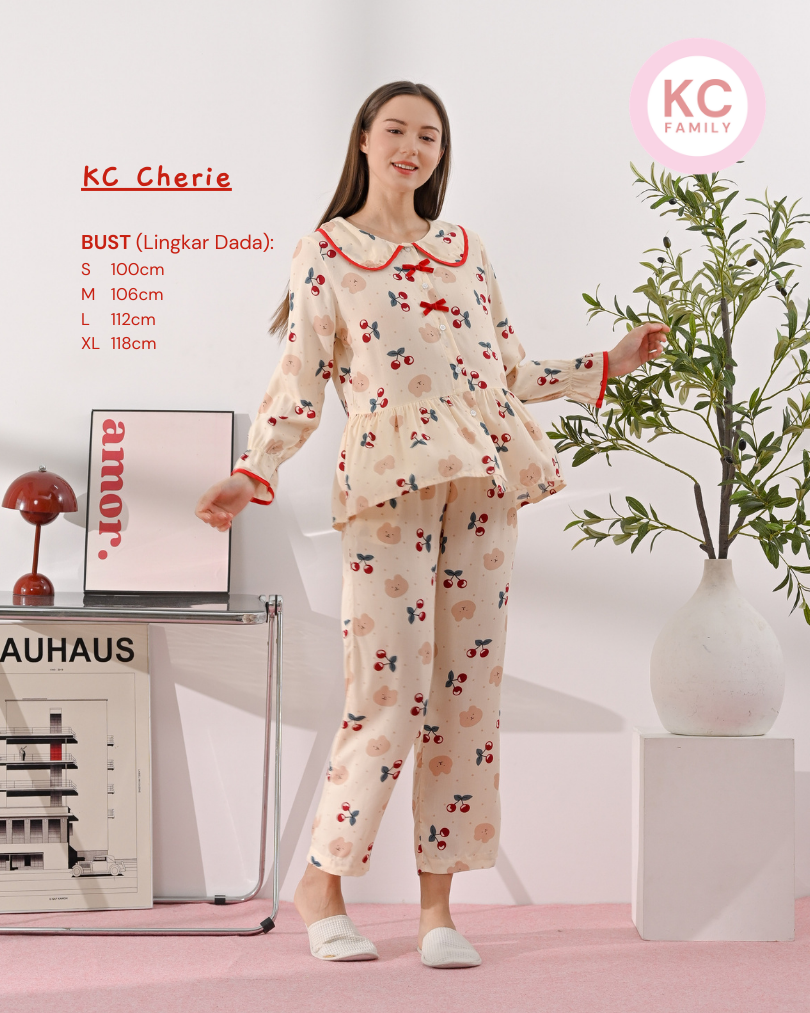 KC Cherie in Cherry Bear Piyama Wanita Baju Tidur Lengan Panjang Celana Panjang