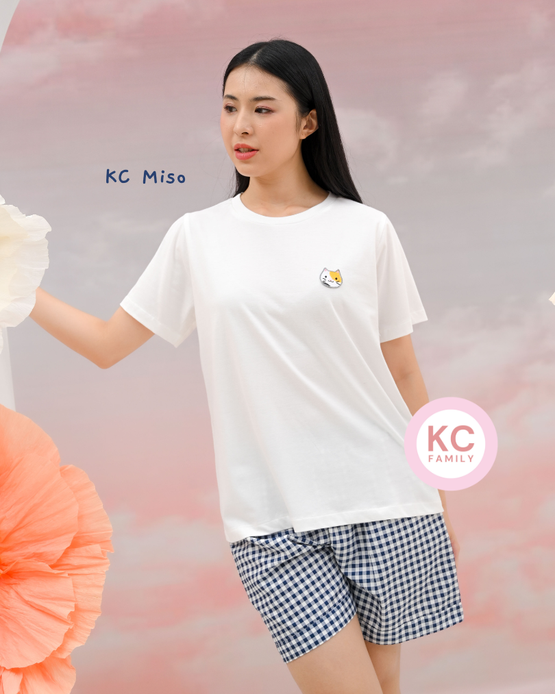 KC Miso in Gingham Paws Baju Tidur Kaos dengan Celana Pendek Piyama Kaos