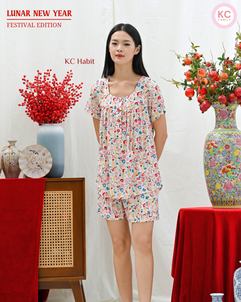 KC Habit in Bright Petals Piyama Wanita Lengan Pendek Celana Pendek
