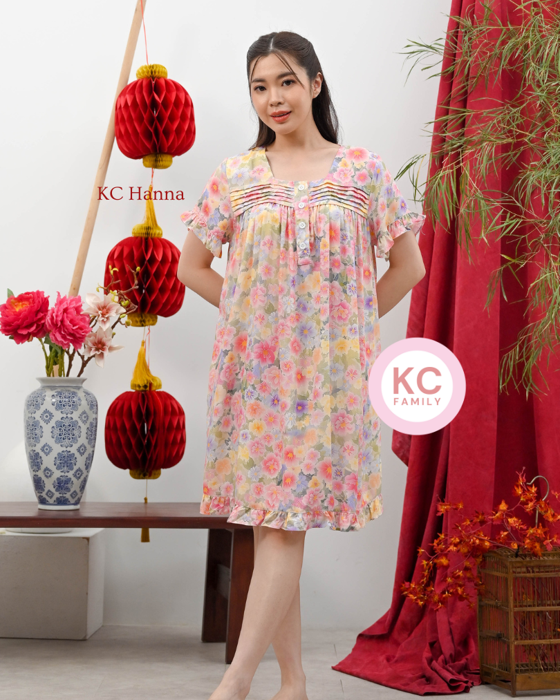 KC Hanna in Rosie Posie Homedress Wanita Daster Wanita Lengan Pendek