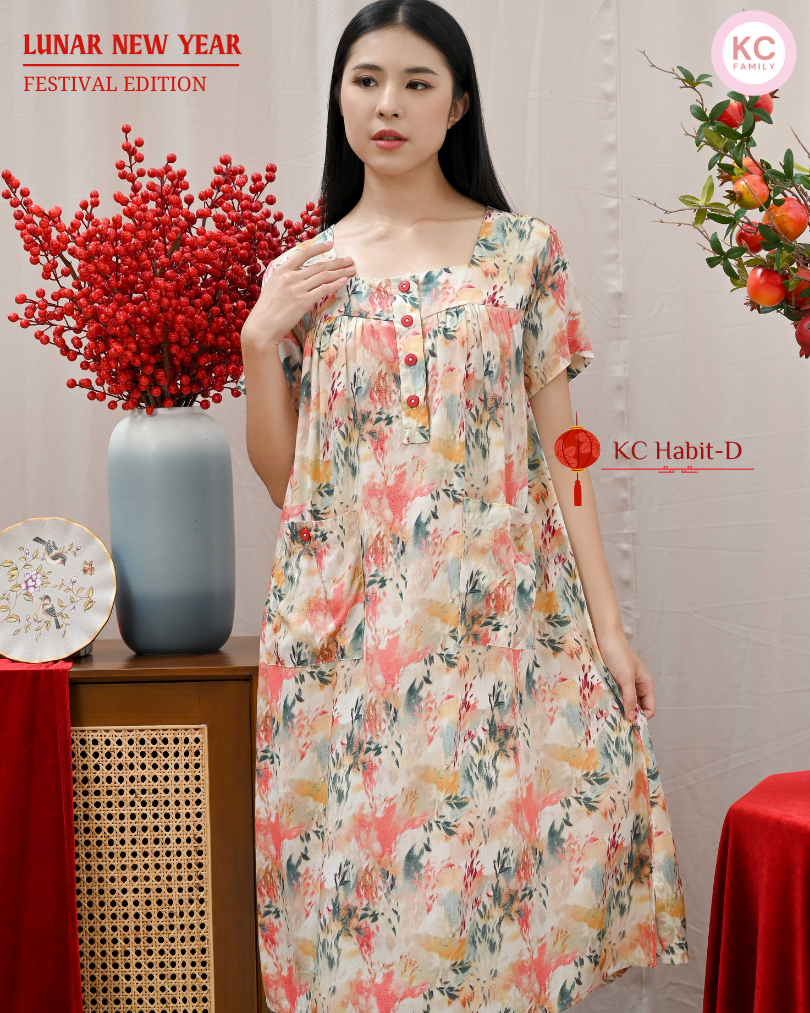 KC Habit-D in Rora Flame Homedress Wanita Daster Imlek Wanita Lengan Pendek