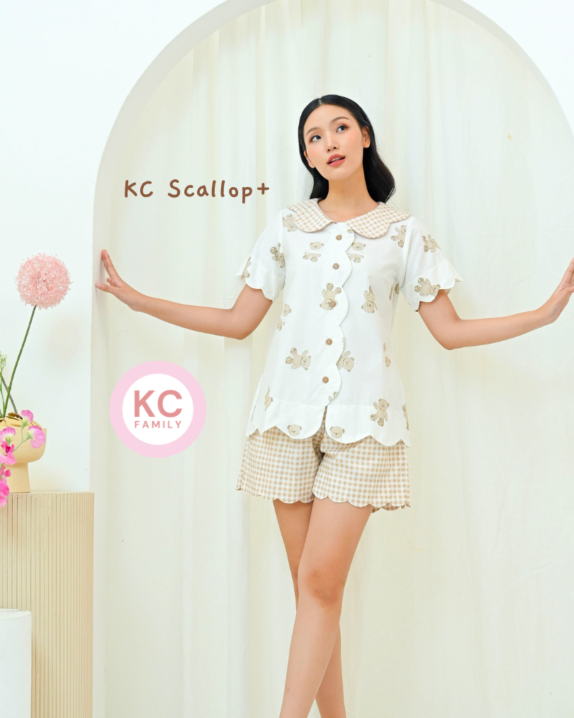 KC Scallop+ in Brown Teddy Piyama Wanita Baju Tidur Wanita Lengan Pendek Celana Pendek