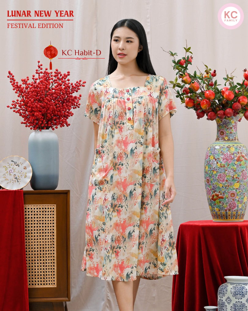 KC Habit-D in Rora Flame Homedress Wanita Daster Imlek Wanita Lengan Pendek