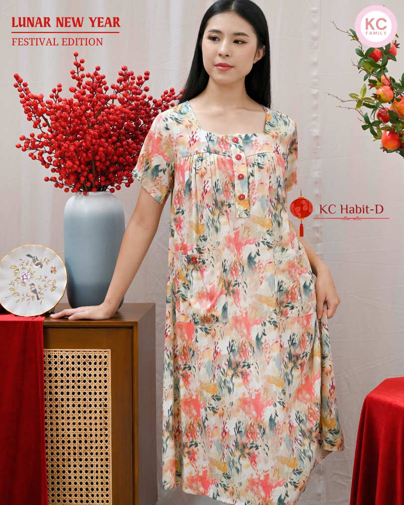 KC Habit-D in Rora Flame Homedress Wanita Daster Imlek Wanita Lengan Pendek