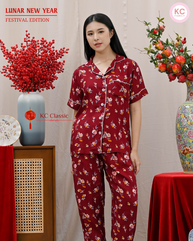 KC Classic in Floraison Baju Tidur Wanita Piyama Imlek Celana Panjang Lengan Pendek