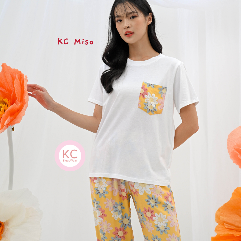 KC Miso in Painted Yellow Flower Piyama Wanita / Baju Tidur Lengan Pendek Celana Panjang