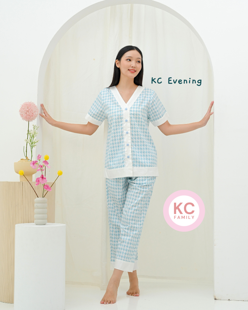 KC Evening Light Blue Piyama Wanita Baju Tidur Lengan Pendek Celana Panjang
