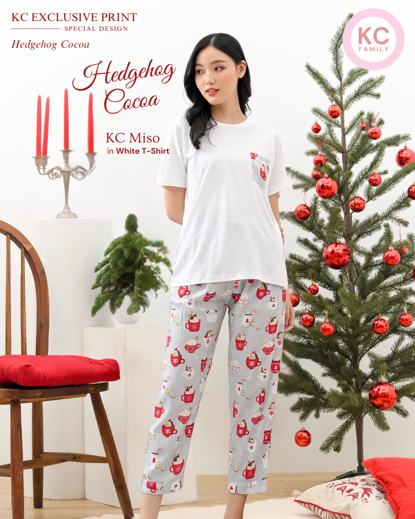 KC Miso White in Hedgehog Cocoa Baju Tidur Wanita Atasan Kaos Lengan Pendek Celana Panjang