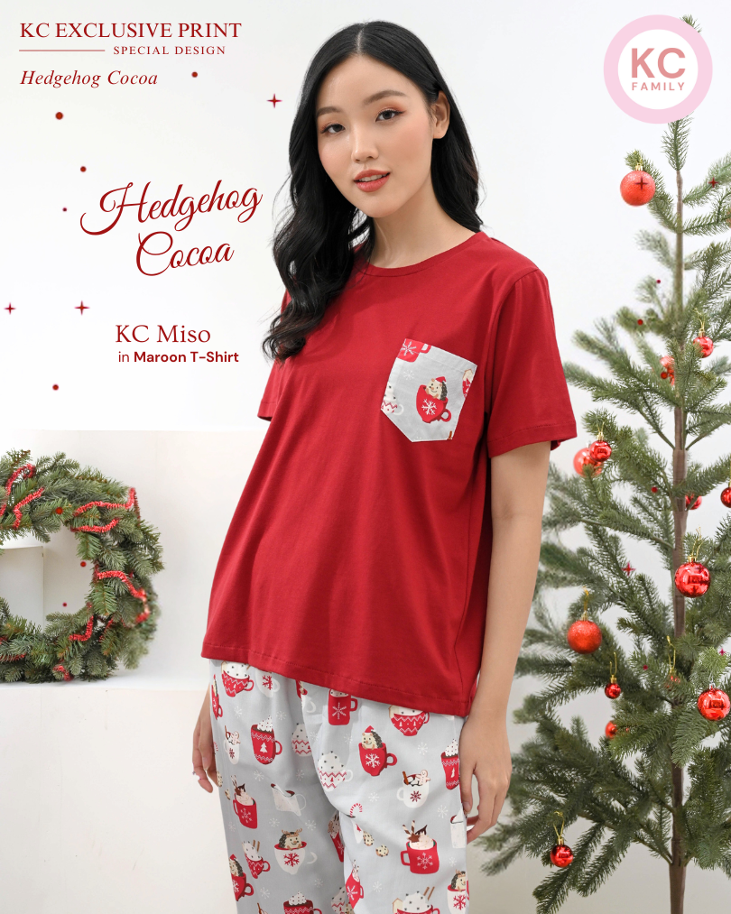 KC Miso Maroon in Hedgehog Cocoa Baju Tidur Wanita Atasan Kaos Lengan Pendek Celana Panjang