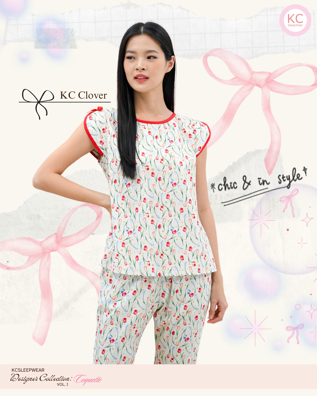 KC Clover In Cherry Rose Piyama Wanita Baju Tidur Lengan Pendek Celana Panjang