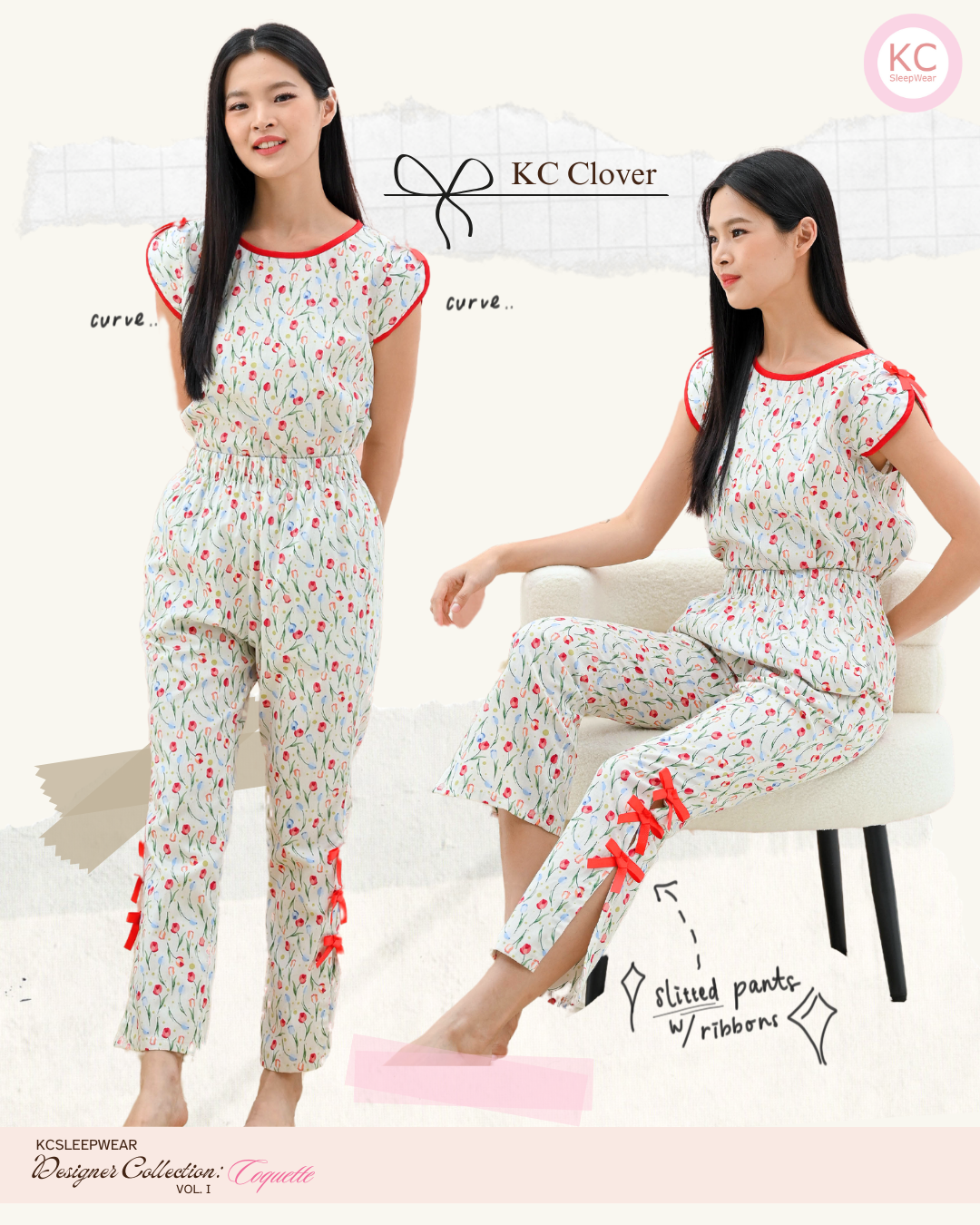 KC Clover In Cherry Rose Piyama Wanita Baju Tidur Lengan Pendek Celana Panjang