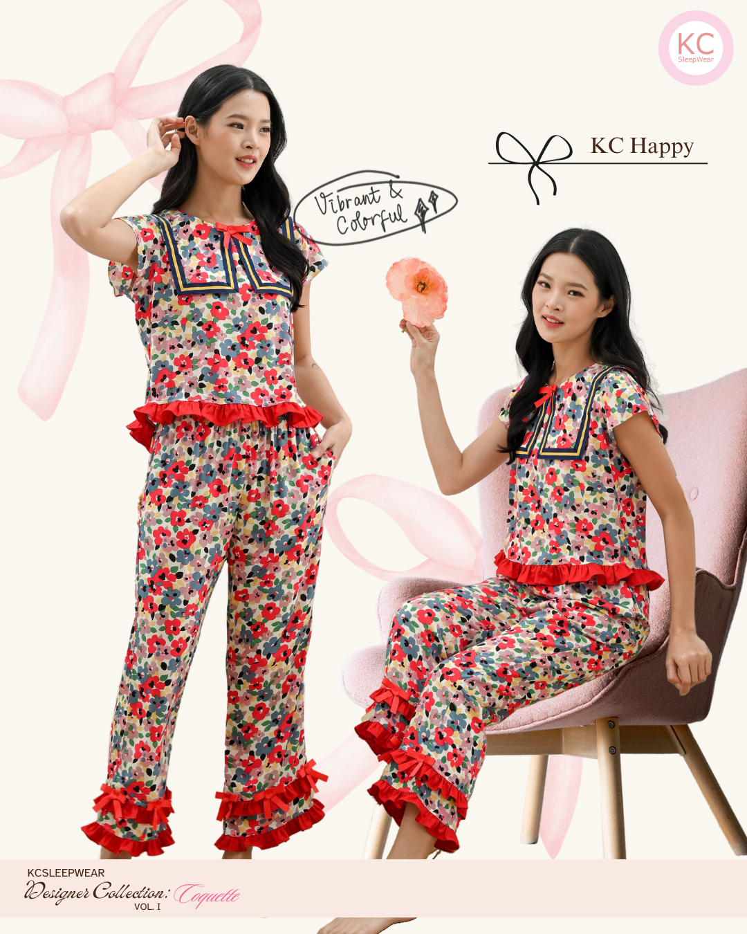 KC Happy In Pop Joy Piyama Wanita Baju Tidur Lengan Pendek Celana Panjang