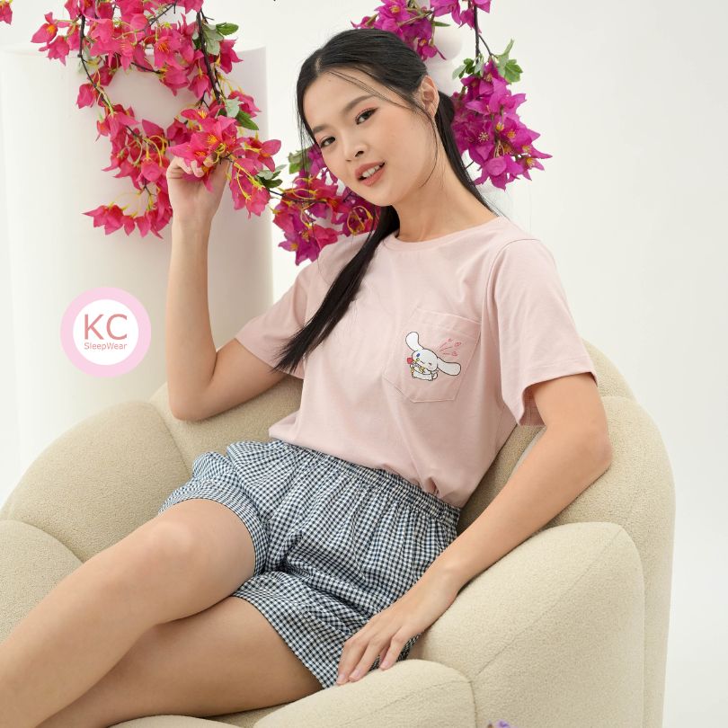 KC Miso Cupid Puppy Baju Tidur Kaos dengan Celana panjang/Celana Pendek grid biru Piyama Kaos`