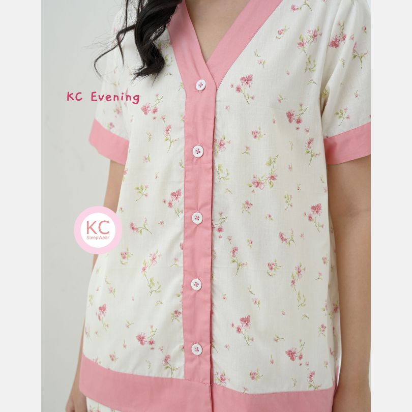 KC Evening Softly Pink Blossom Piyama Wanita Baju Tidur Lengan Pendek Celana Panjang
