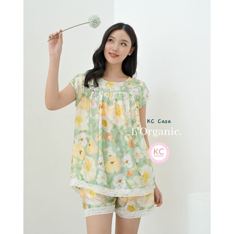 KC Casa In Summer Green Piyama Luxury Organic Wanita Baju Tidur Lengan Pendek Celana Pendek