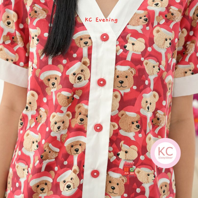 KC Evening Red Bear Santa Piyama Wanita Lengan Pendek Celana Panjang