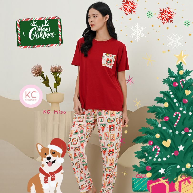 KC Miso Holiday Stamp Baju Kaos Lengan Pendek Celana Panjang