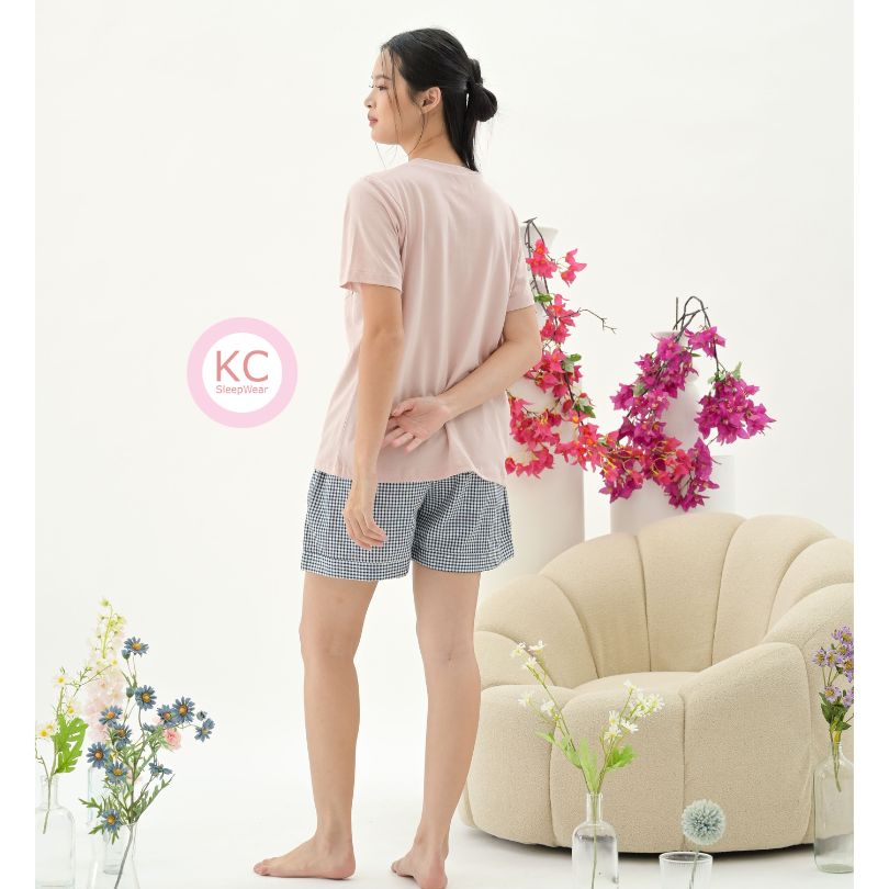 KC Miso Cupid Puppy Baju Tidur Kaos dengan Celana panjang/Celana Pendek grid biru Piyama Kaos`