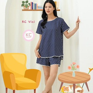 KC Vici Blue Navy In Polka Baju Tidur Wanita Piyama Set Lengan Pendek Celana Pendek