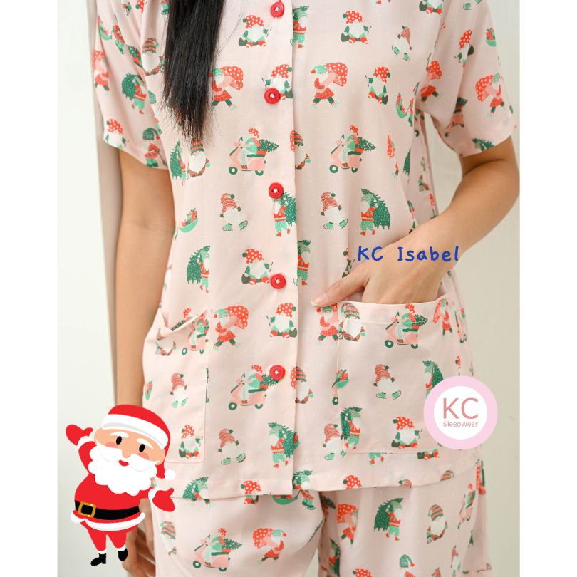 KC Isabel Pink Santa Elf Baju Tidur Wanita Kerah V-neck Lengan Pendek Celana Pendek