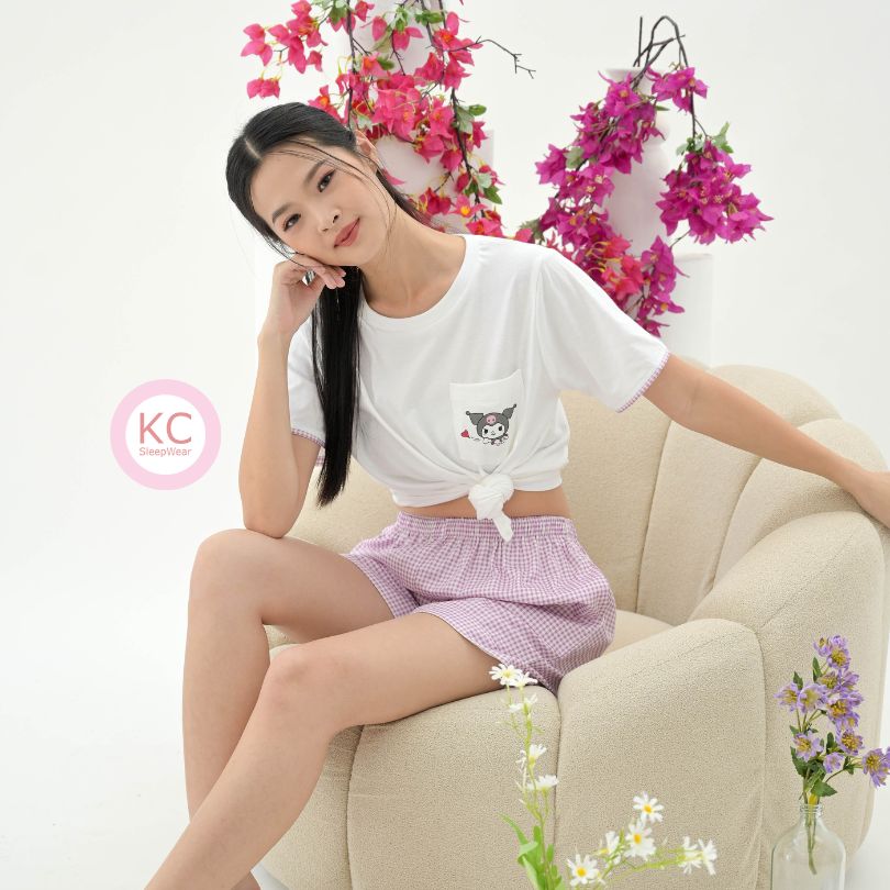 KC Miso CUte Kitty Baju Tidur Kaos dengan Celana panjang/Celana Pendek grid biru Piyama Kaos
