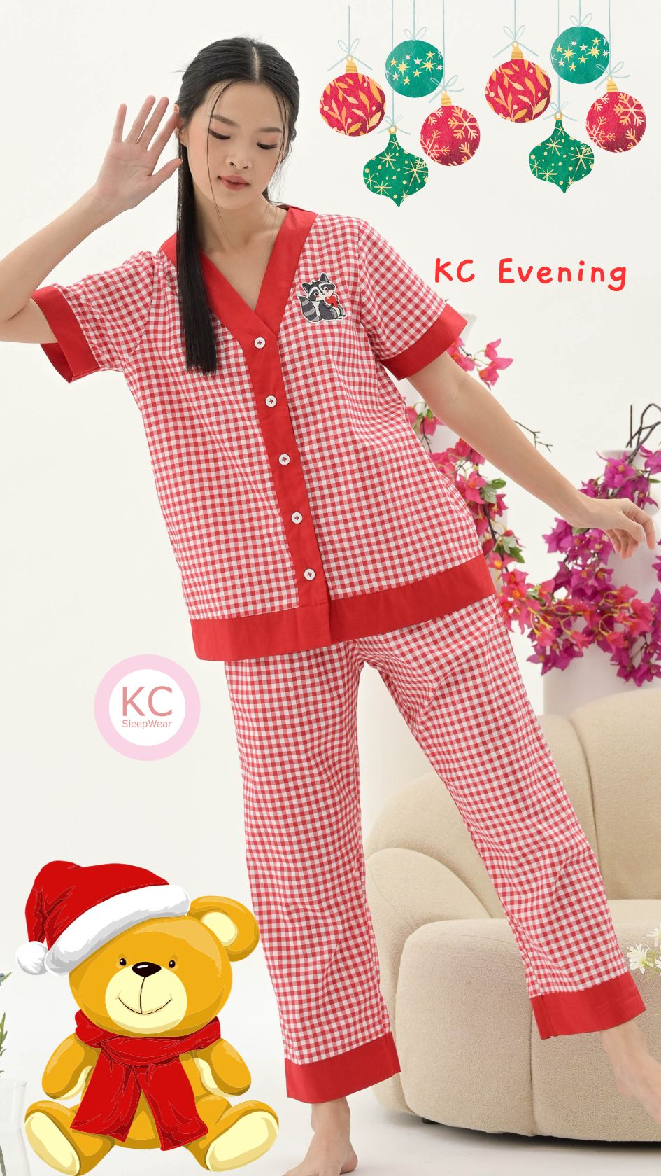 KC Evening Red Square with a Cute Racoon Piyama Wanita Lengan Pendek Celana Panjang