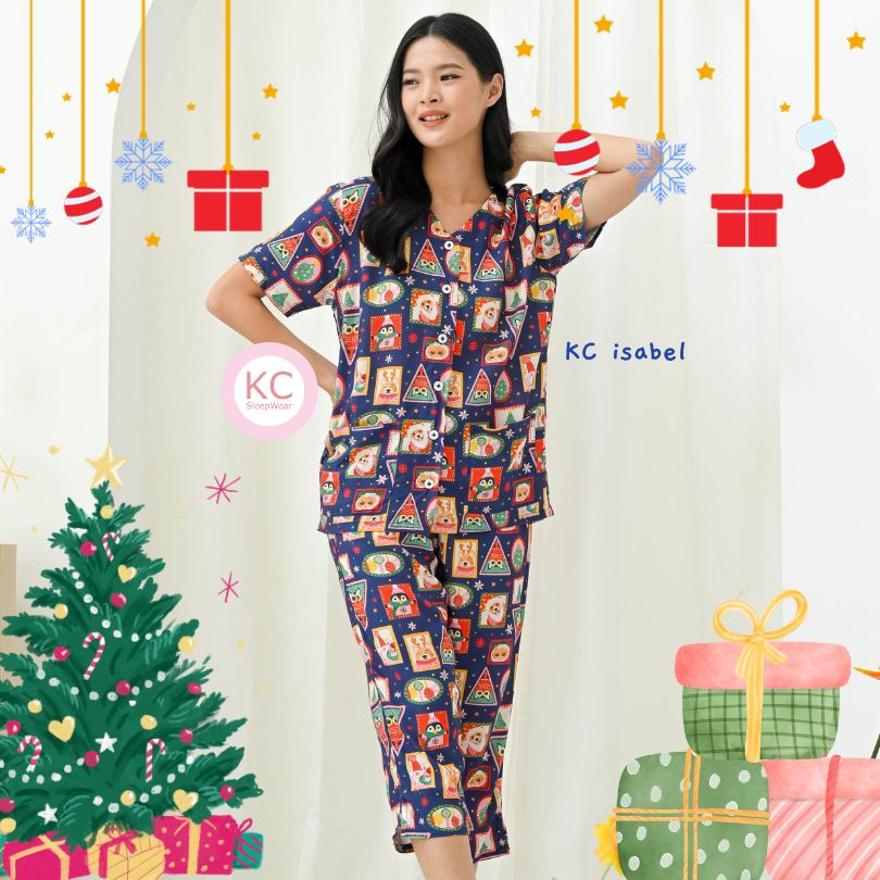 KC Isabel Navy Holiday Stams Piyama / Baju Tidur Wanita Kerah V neck Celana 7/8