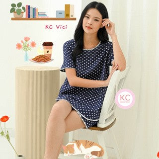 KC Vici Blue Navy In Polka Baju Tidur Wanita Piyama Set Lengan Pendek Celana Pendek
