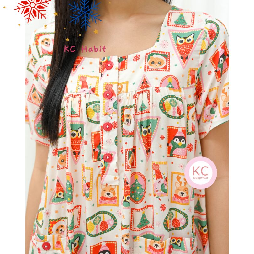 KC Habit Holiday Stamps Beige Baju Tidur Wanita Piyama Set Lengan Pendek Celana Panjang