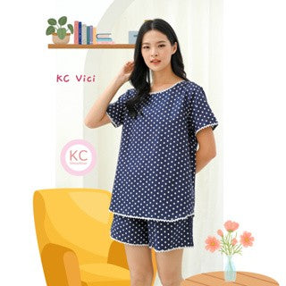 KC Vici Blue Navy In Polka Baju Tidur Wanita Piyama Set Lengan Pendek Celana Pendek