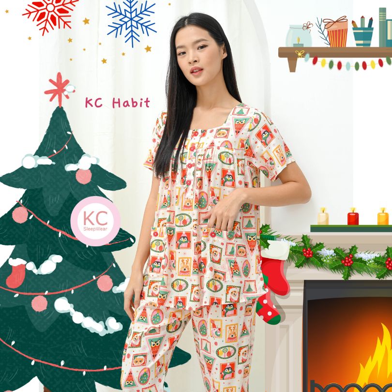 KC Habit Holiday Stamps Beige Baju Tidur Wanita Piyama Set Lengan Pendek Celana Panjang