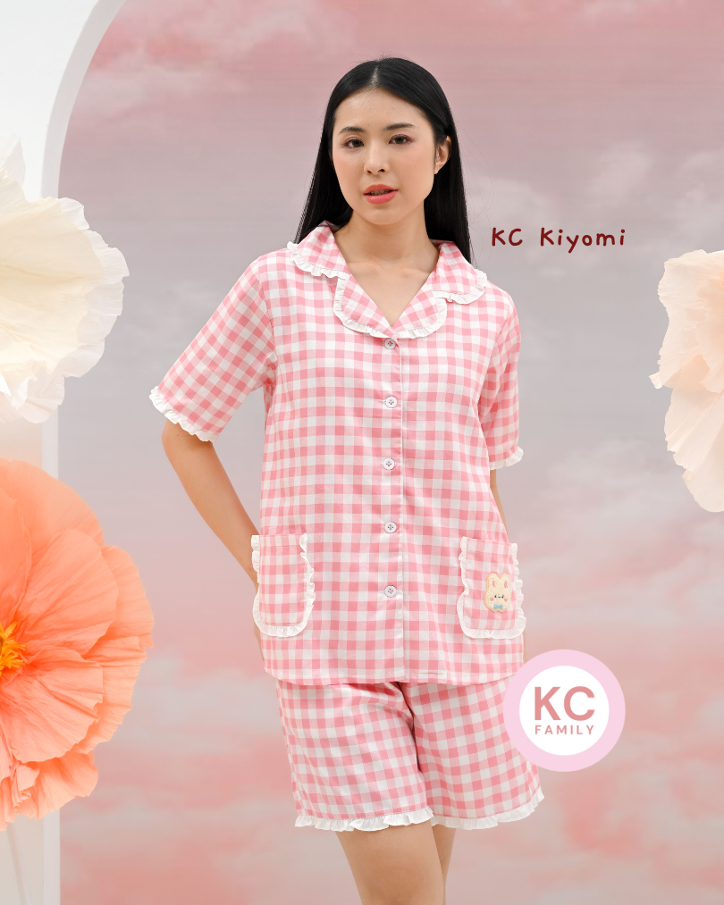 KC Kiyomi in Gingham Bunny Piyama Wanita Baju Tidur Lengan Pendek Celana Pendek