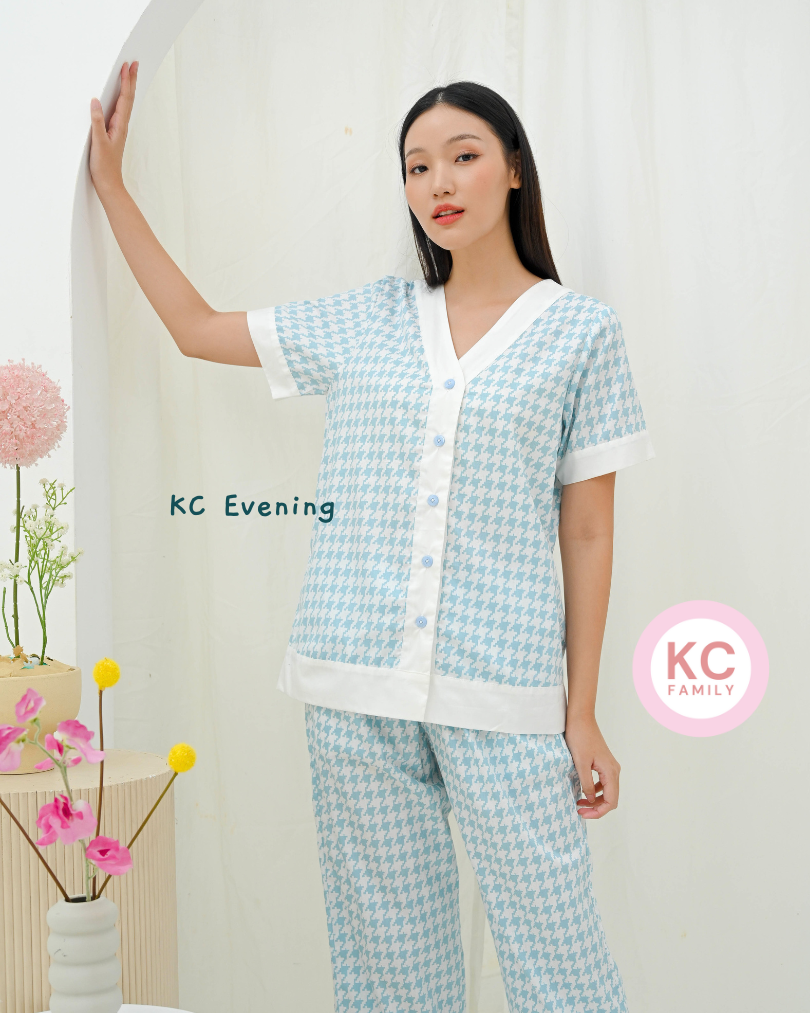 KC Evening Light Blue Piyama Wanita  Baju Tidur Lengan Pendek Celana Panjang
