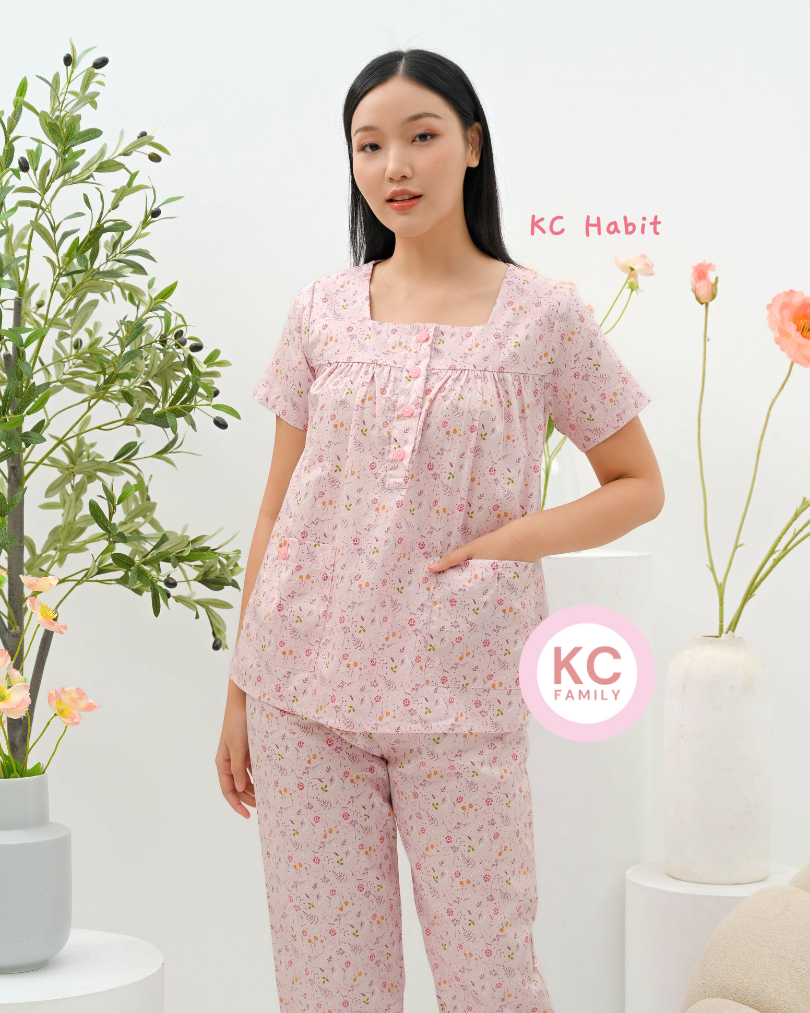 KC Habit in Floral Doodle Piyama Wanita Lengan Pendek Celana Panjang